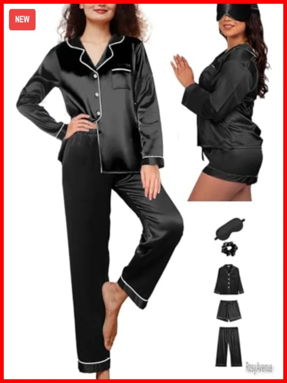 5 Piece Womens Silk Satin Pajama Set Button Down Pjs Set Loungewear Sleepwear